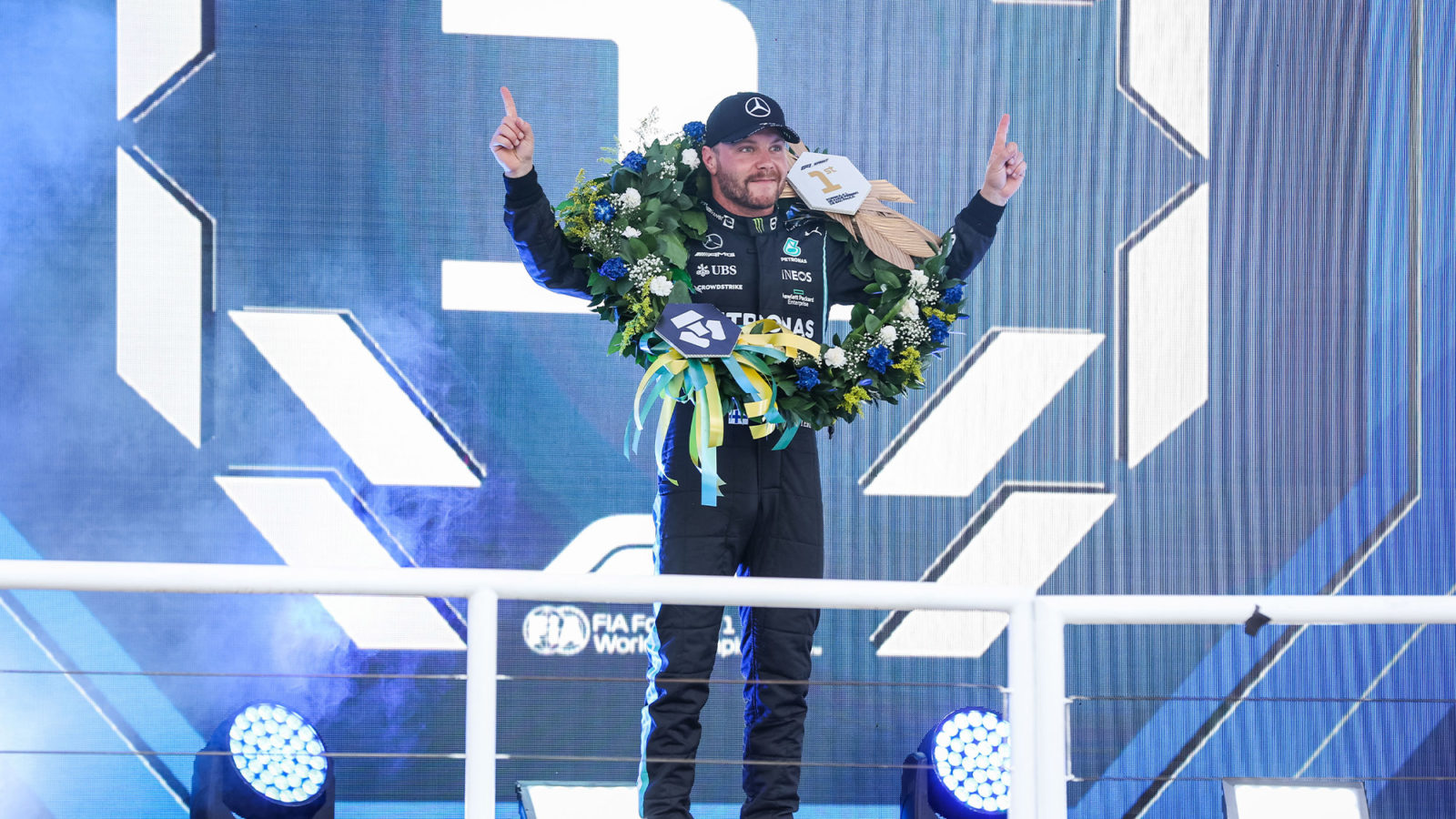 Valtteri Bottas celebrates victory in Brazilian GP sprint race