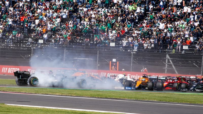 Valtteri Bottas spins in a cloud of tyre smoke at the 2021 Mexican Grand Prix