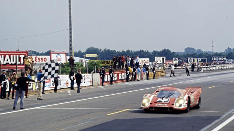 Winning Porsche 917 crosses the line at Le Mans in 1970