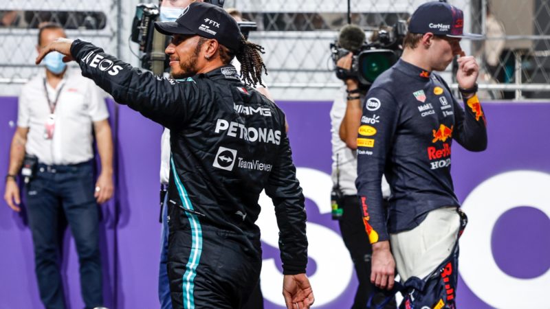 Lewis Hamilton celebrates pole in Saudi Arabia as Max Verstappen looks disappointed