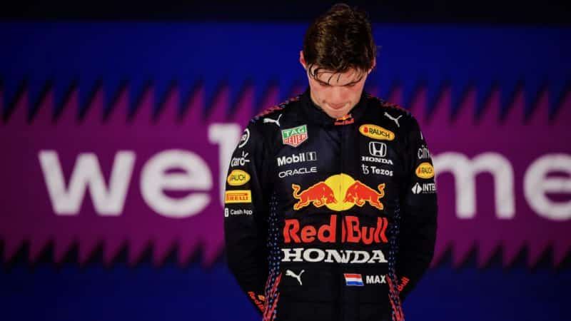 Max Verstappen bows his head after the 2021 Saudi Arabian Grand Prix