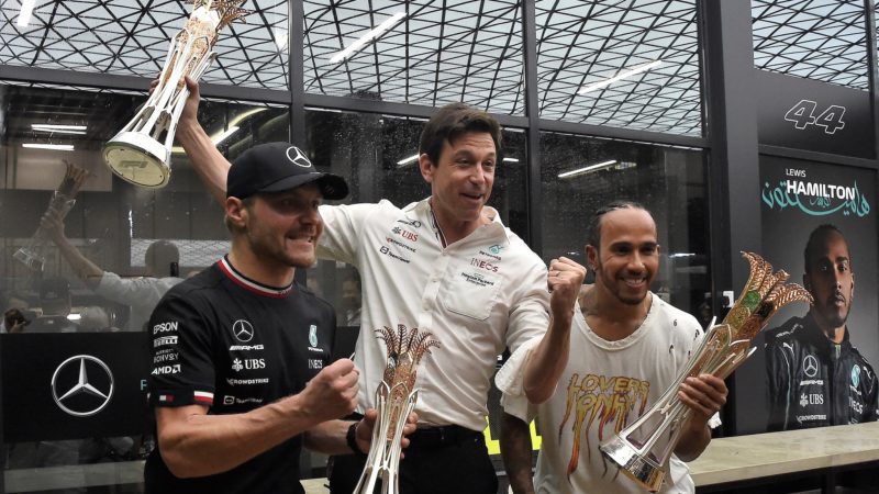 Bottas Wolff and Hamilton celebrate after the 2021 Saudi Arabian Grand Prix