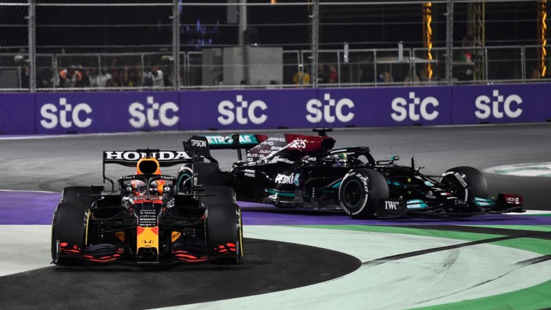 Max Verstappen overtakes Lewis Hamilton off track in the 2021 Saudi Arabian Grand Prix