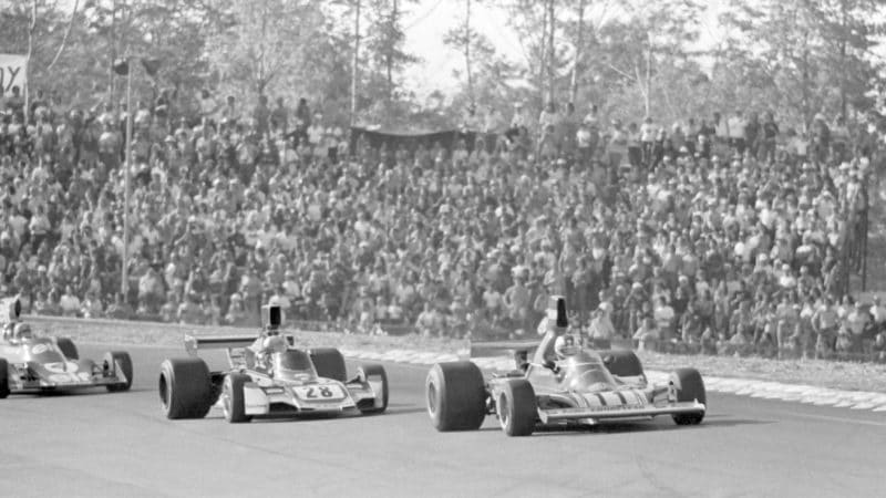 Clay Regazzoni ahead of John Watson and Patrick Depailler in the 1974 US Grand Prix