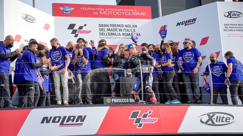 Fabio Quartararo team and family celebrate 2021 MotoGP title on the podium