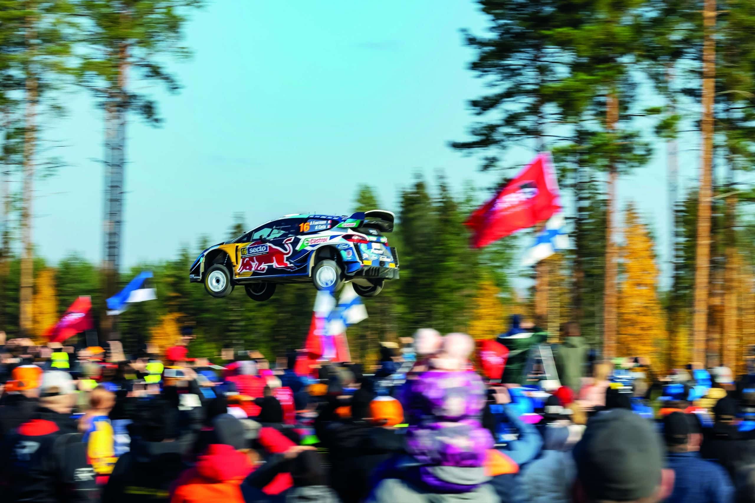 Ford Fiesta WRC car in mid air