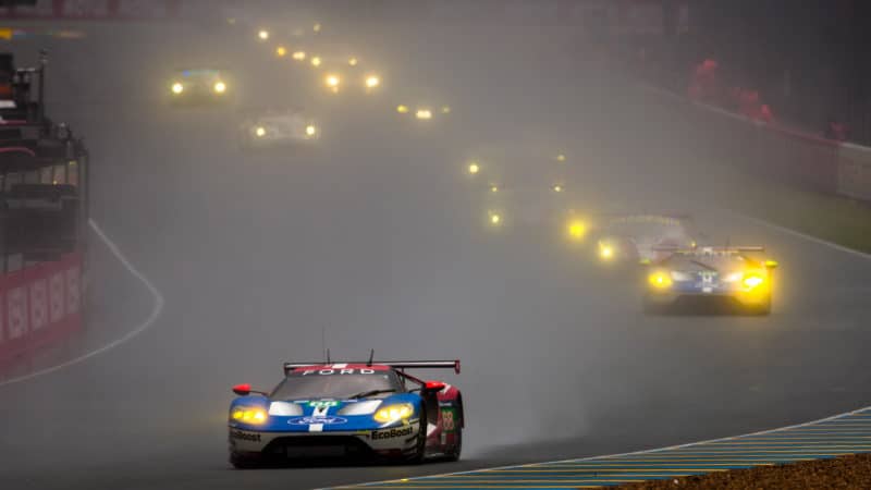 Ford GT leading a train of cars at Le Mans 2016