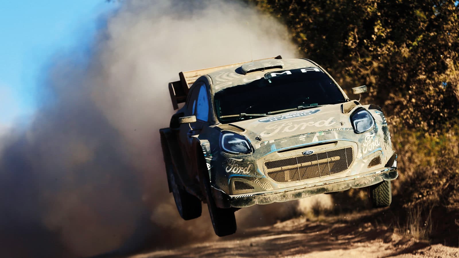 Ford Puma Rally car in mid air during testing