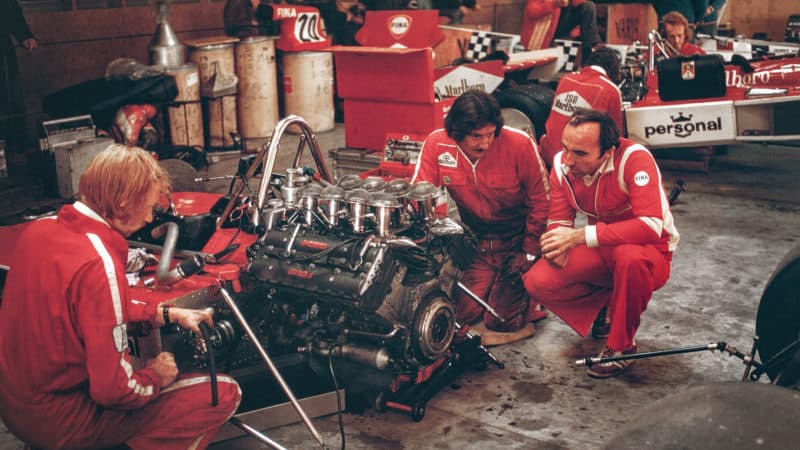 Frank Williams in gargae with Ford engine at 1974 Canadian Grand Prix
