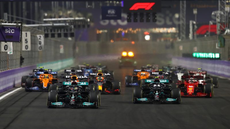 Lewis Hamilton leads at the start of the 2021 Saudi Arabian Grand Prix