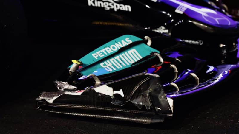 Damaged front wing of Lewis Hamilton's Mercedes after the 2021 Saudi Arabian Grand Prix