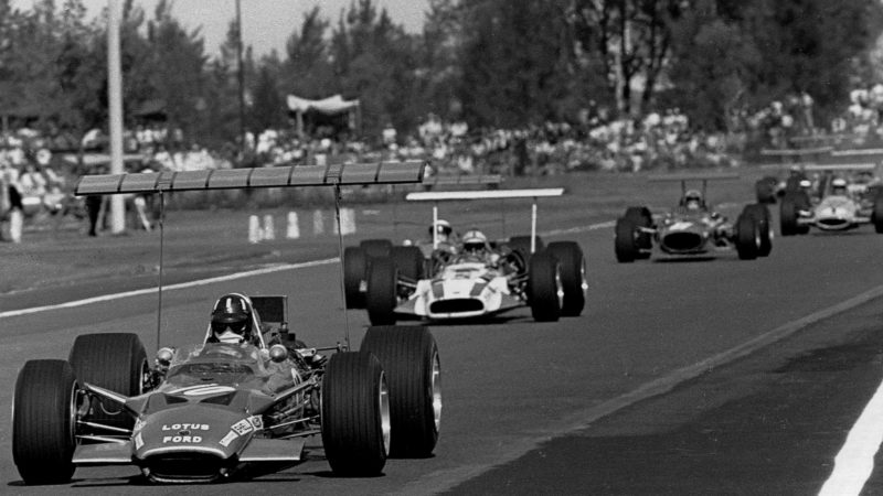 Graham Hill leads at the 1968 Mexican Grand Prix