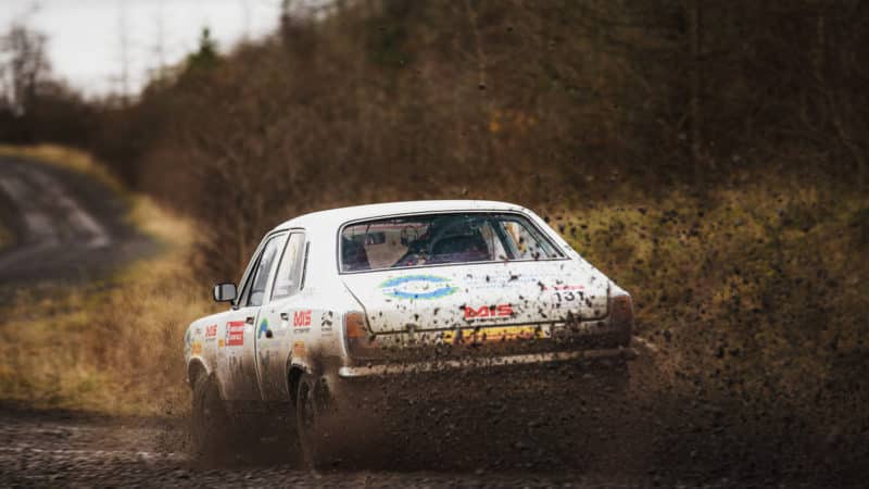 Hillman Avenger throws up mud on 2021 Roger Albert Clark Rally