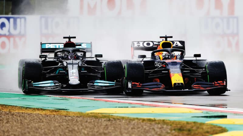 Lewis Hamilton and Max Verstappen wheel to wheel at Imola