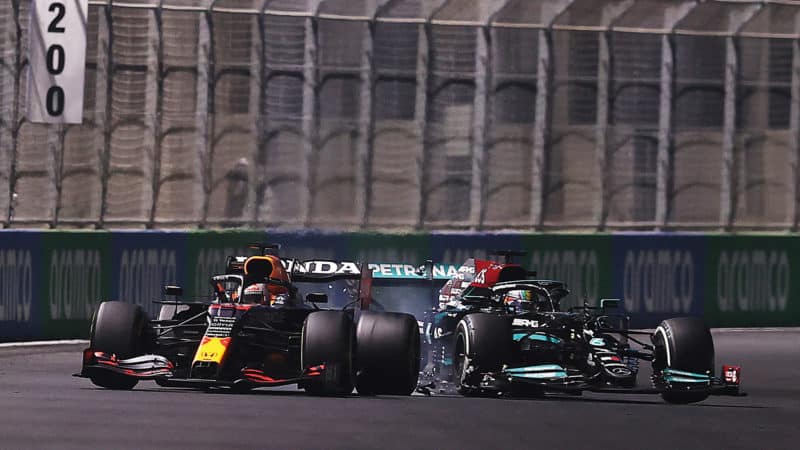Lewis Hamilton crashes into Max Verstappen during the 2021 Saudi Arabian Grand Prix