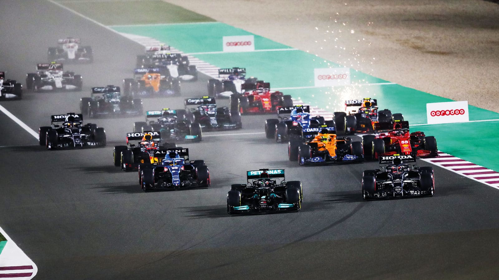 Lewis Hamilton leads at the start of the 2021 Qatar Grand Prix