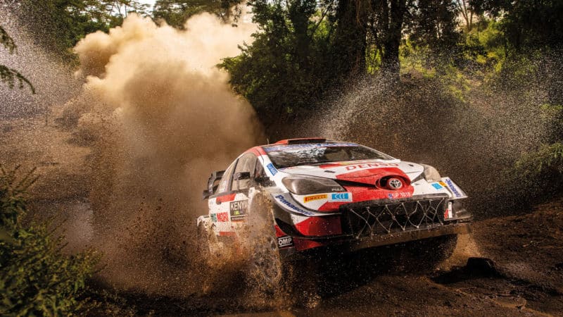 Mud flies off the back of Sebastien Ogiers Toyota Yaris in Kenya rally