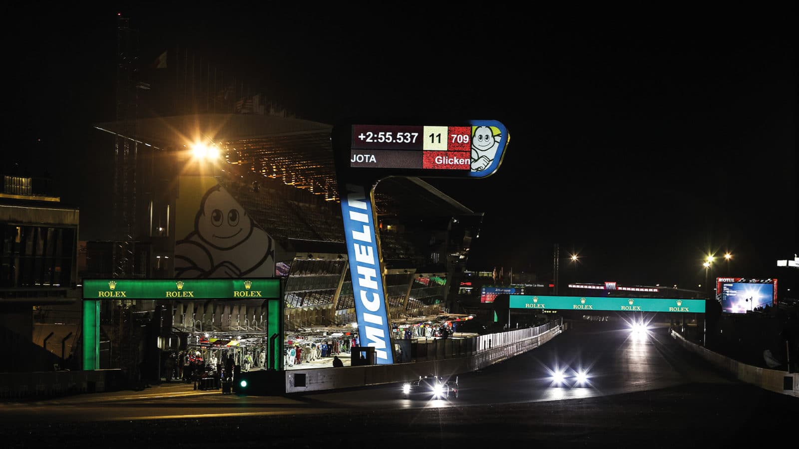 Night photo at Le Mans start finish straight in 2021