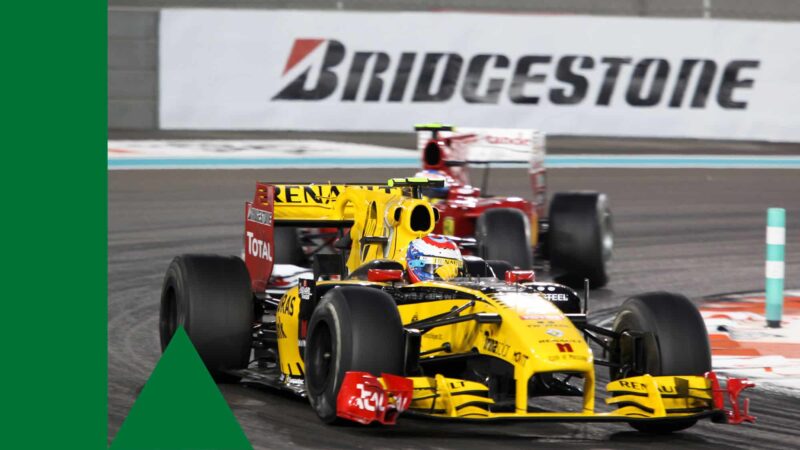 Vitaly Petrov (Renault) leading Fernando Alonso (Ferrari) in the 2010 Abu Dhabi Grand Prix at the Yas Marina Circuit. Photo: Grand Prix Photo