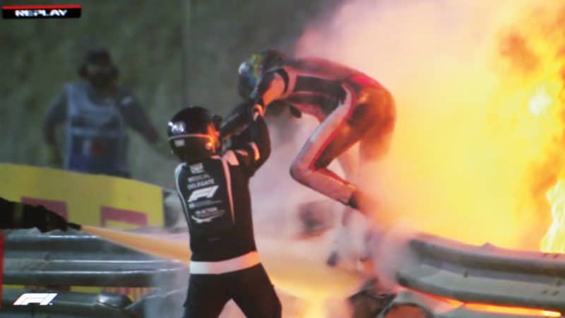 Romain Grosjean escapes flames of 2020 Bahrain F1 crash