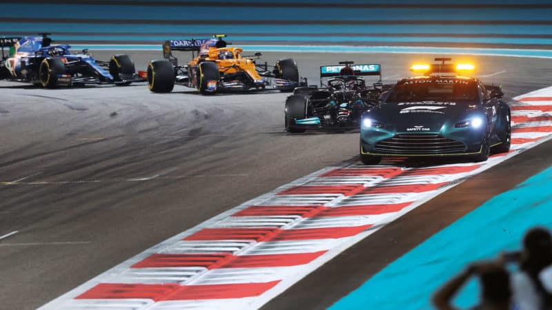 Safety car leads Lewis Hamilton at the 2021 Abu Dhabi Grand Prix