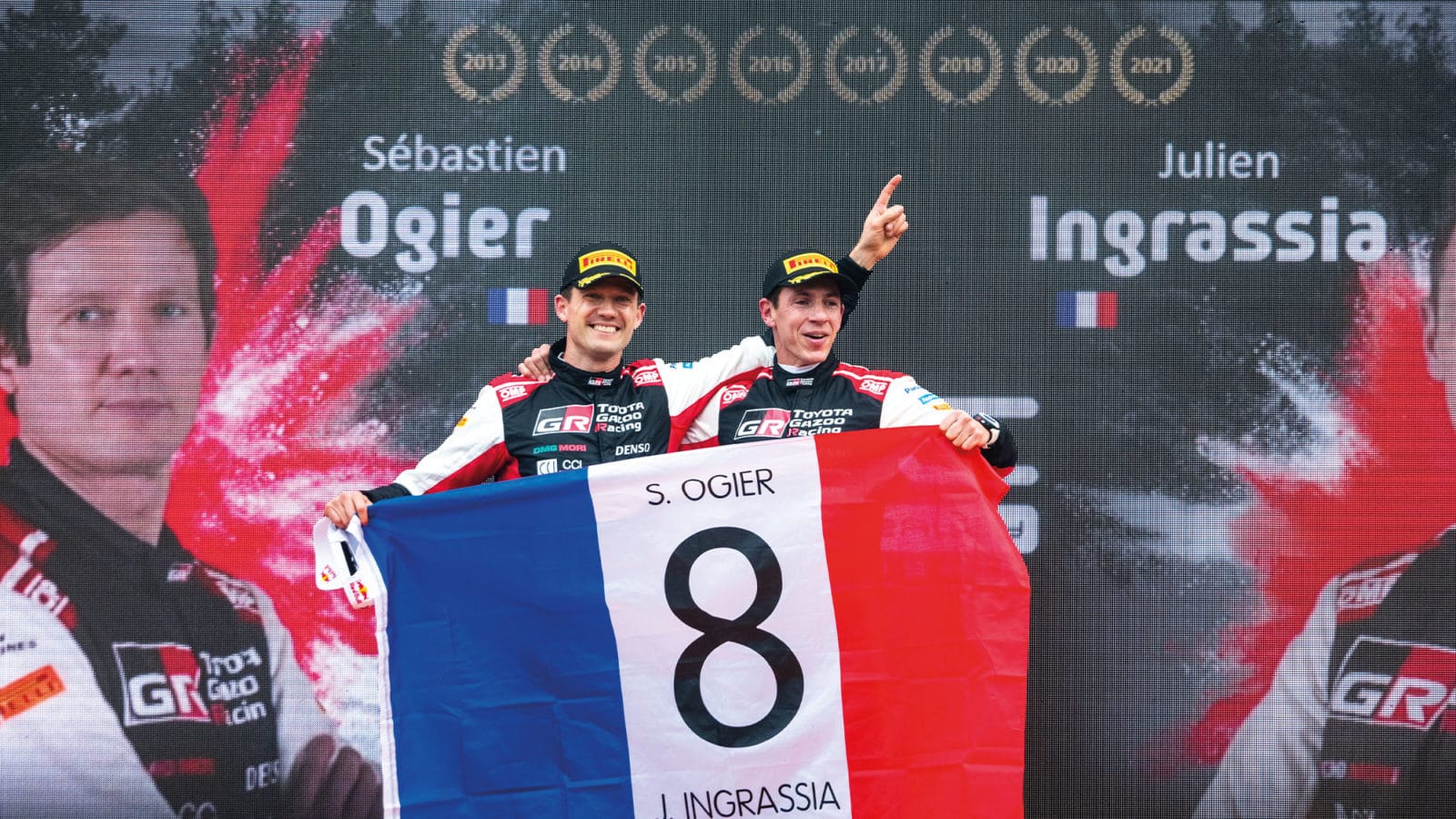 Sebastien Ogier and Julien Ingrassia celebrate winning the 2021 WRC title