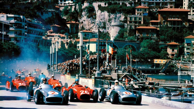 The Start- (l. to r.) Juan Fangio (Mercedes W196), Alberto Ascari (Lancia D50) and Stirling Moss (Mercedes W196) in the front row, Monaco Grand Prix, Monte Carlo. (Photo by Yves Debraine:Klemantaski Collection:Getty Images)