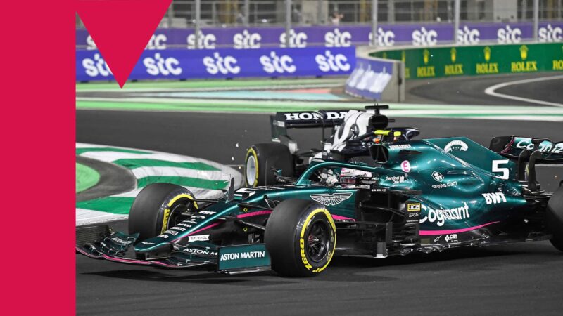 Yuki Tsunoda (Alpha Tauri-Honda) crash into Sebastian Vettel (Aston Martin-Mercedes) in the 2021 Saudi Arabian Grand Prix at the Jeddah Corniche Circuit. Photo: Grand Prix Photo