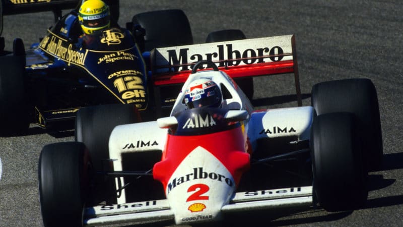 Alain Prost leads Ayrton Senna in 1985