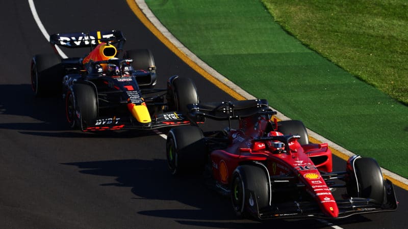 Charles Leclerc leads Max Verstappen in the 2022 Australian Grand Prix