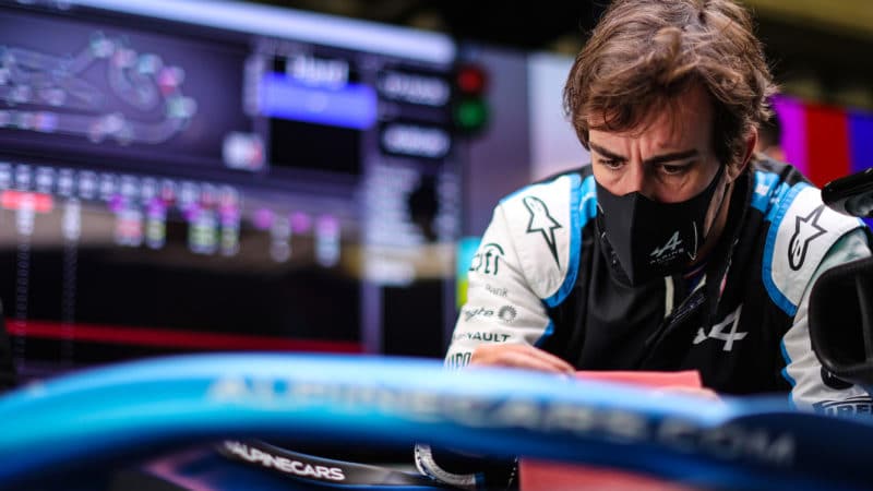 Fernando Alonso in the Alpine F1 garage in 2021