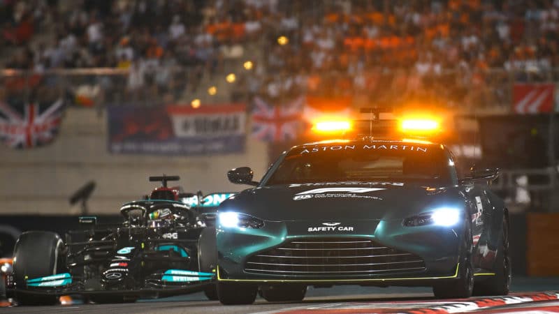 Safety car leads Lewis Hamilton (Mercedes) in the 2021 Abu Dhabi Grand Prix at Yas Marina. Photo: Grand Prix Photo