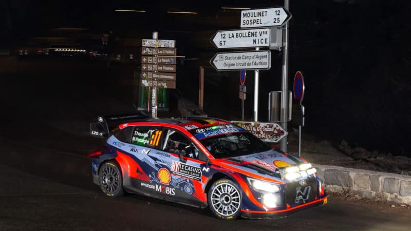 Hyundai i20 of Thierry Neuville at Monte Carlo Rally 2022