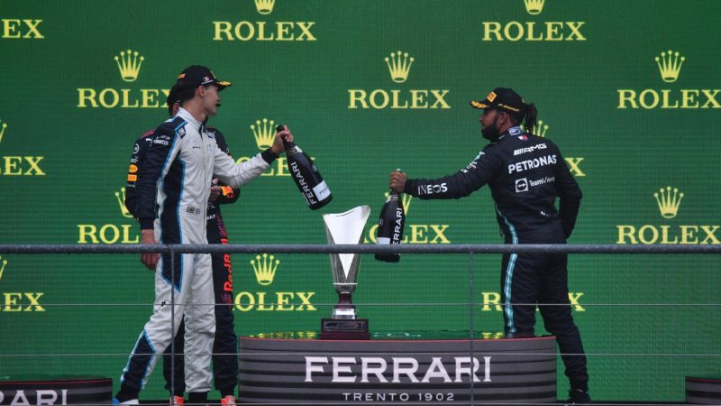 Max Verstappen George Russell and lewis Hamilton on the podium after the 2021 Belgian Grand Prix