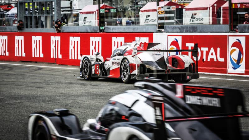 No5 Toyota stopped at start finish line at Le Mans 2016