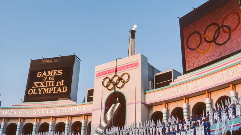 Rafer Johnson lights Olympic flame at the 1984 Los Angeles Olympics