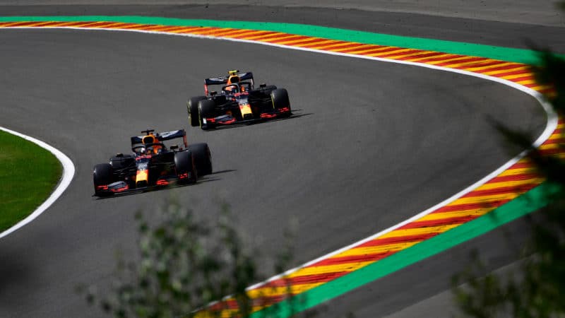 Red Bull F1 cars of Max Verstappen and Alex Albon