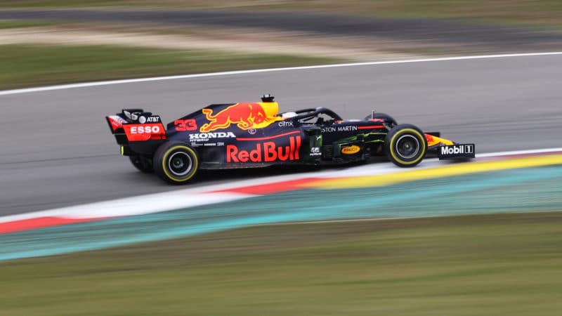 Red Bull of Max Verstappen cornering at the 2020 Eifel Grand Prix