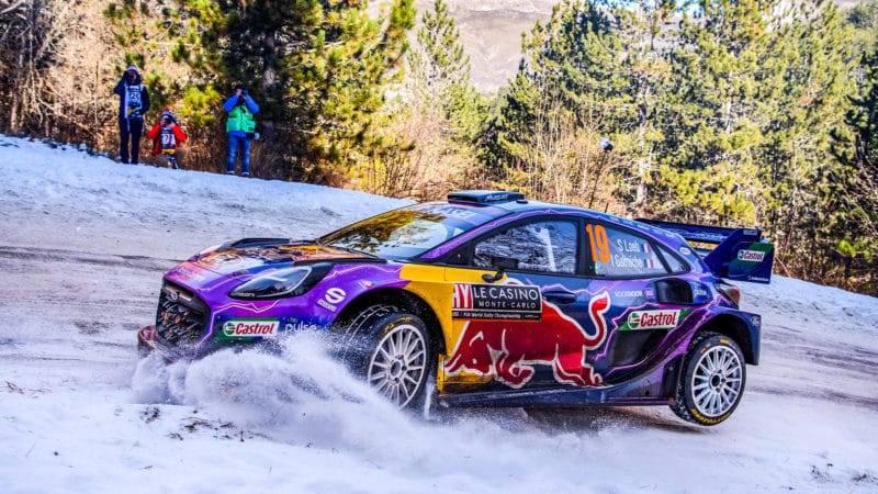 Sebastien Loeb and Ford Puma in the snow at 2022 Monte Carlo Rally