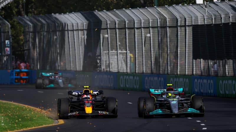 Sergio Perez battles with Lewis Hamilton in the 2022 Australian Grand prix