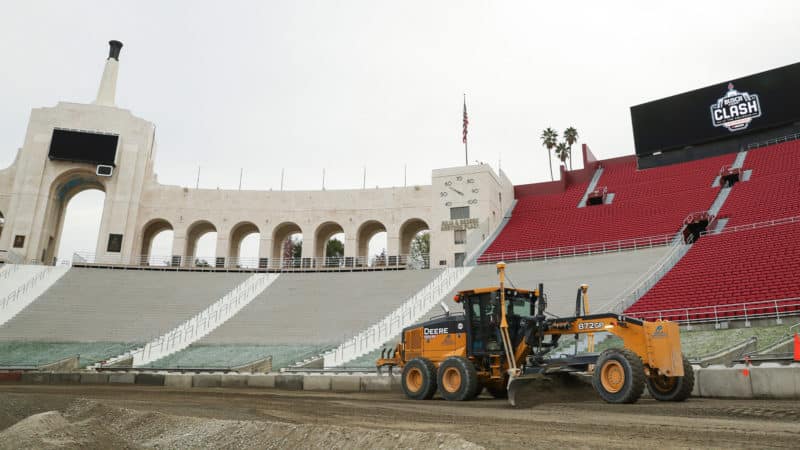 Tractor builds NASCAR track at the Los Angeles Coliseum