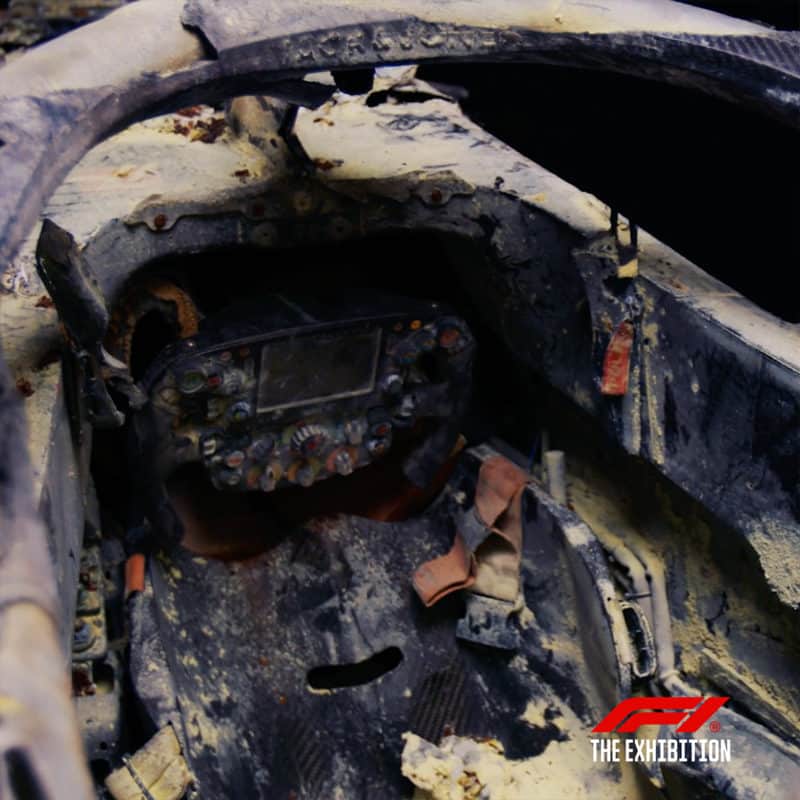 Burned cockpit of Romain Grosjean Haas F1 car