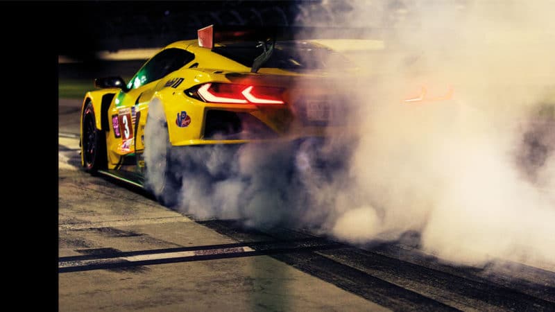 The Corvette C8R GTD of Antonio GarcÍa, Jordan Taylor and Nicky Catsburg burns rubber in the Daytona pitlane.