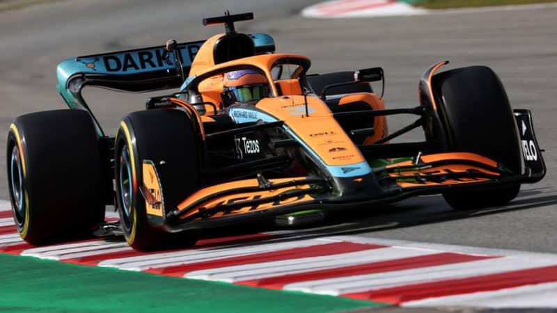 BARCELONA, SPAIN - FEBRUARY 24: Daniel Ricciardo of Australia driving the (3) McLaren MCL36 Mercedes during Day Two of F1 Testing at Circuit de Barcelona-Catalunya on February 24, 2022 in Barcelona, Spain. (Photo by Mark Thompson/Getty Images)