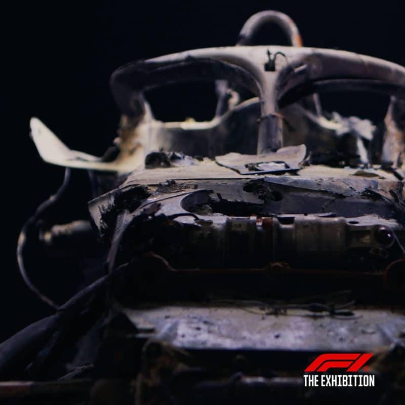 Front view of romain Grosjean burnt F1 car chassis