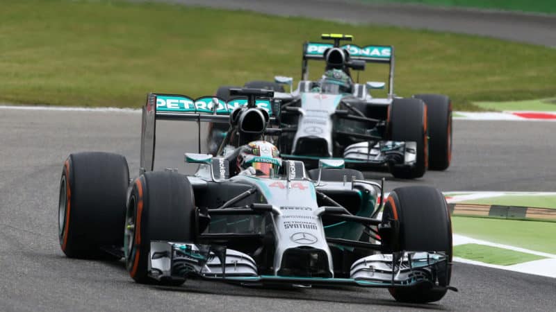 Lewis Hamilton leads Nico Rosberg in 2014 F1 Mercedes 1-2