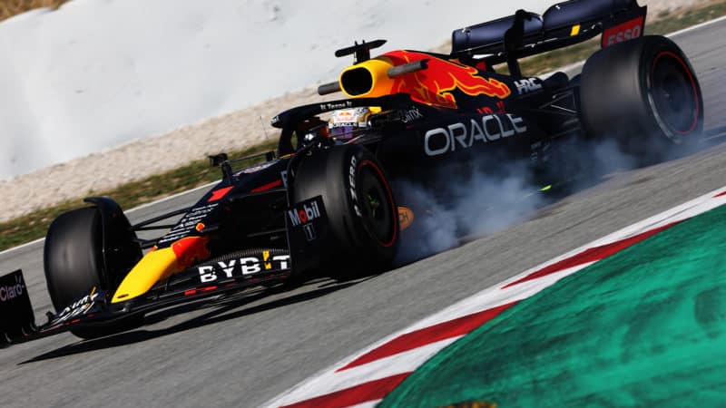 MAx Verstappen locks up on Day 1 of 2022 F1 testing in Barcelona