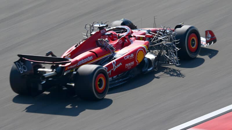 Rear view of Ferrari with aero rakes in 2024 F1 testing