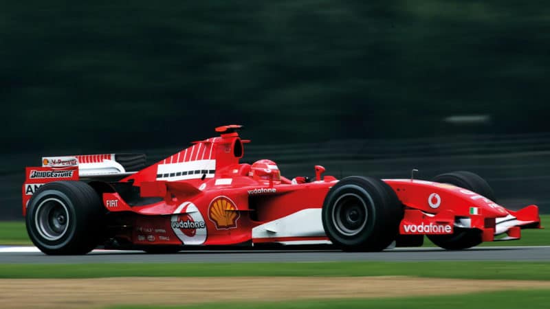 SILVERSTONE, ENGLAND - JULY 8: Michael Schumacher of Germany and Ferrari in action during practice for the British F1 Grand Prix at Silverstone Circuit on July 8, 2005 in Silverstone, England. (Photo by Clive Rose/Getty Images)