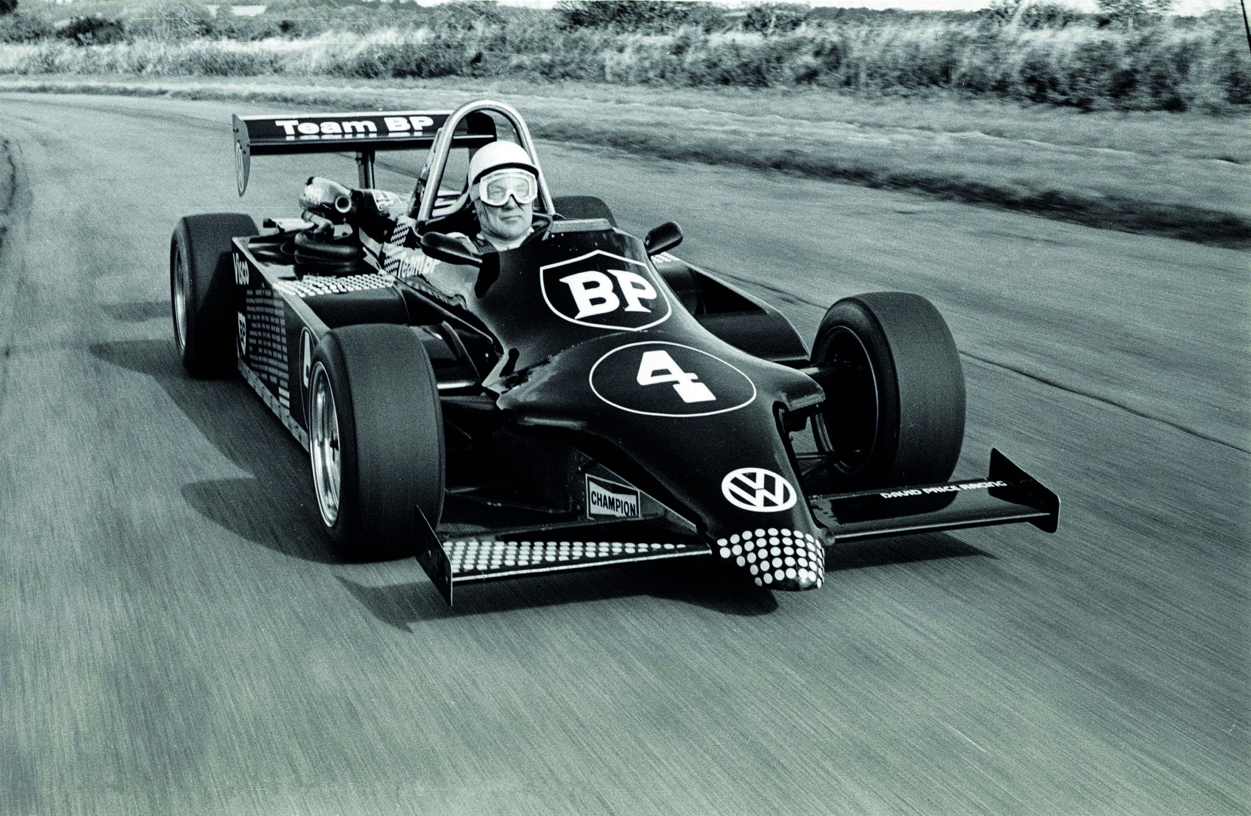 Stirling Moss in BP Formula 3 car at Thruxton in 1983